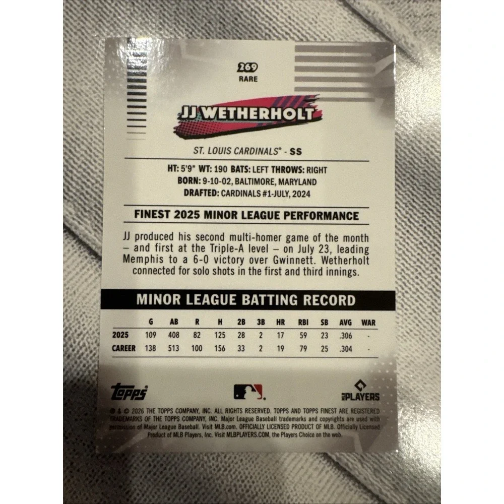 2025 Topps Finest JJ Wetherholt RC #269 Rare St. Louis Cardinals Baseball Card